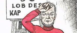 Heinz Behling, wie er sich selbst sah: Diese Zeichnung stammt aus dem Jahr 1990, also während der Wende-Zeit. Mehr Zeichnungen des Karikaturisten zeigt das Cartoonmuseum in Luckau ab Sonntag.