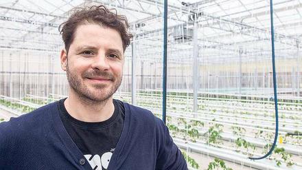 Nicolas Gleschke steht im Glashaus der neuen Aquaponik-Farm. Hinter ihm gedeiht das erste Grün.