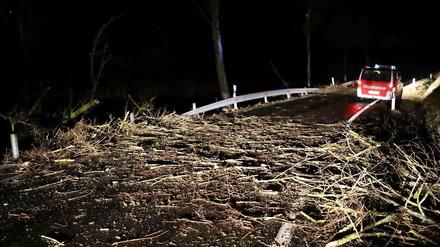 Umgeknickte Baumstämme und herabgerissene Äste liegen in der Nacht zum Montag auf einer Straße im Ortsteil Otterbach von Gemünden (Fulda) im Vogelsbergkreis.