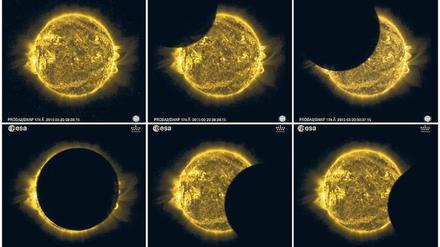 Hell, dunkel, hell. Die Aufnahmen des Esa-Satelliten „Proba-2“ zeigen, wie sich der Mond vor die Sonne schiebt.
