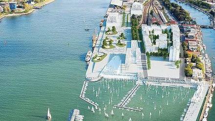 Planwirtschaft. So wie in dieser Simulation könnte der Olympia-Segelhafen in Rostock-Warnemünde aussehen – wenn er denn überhaupt kommt. 
