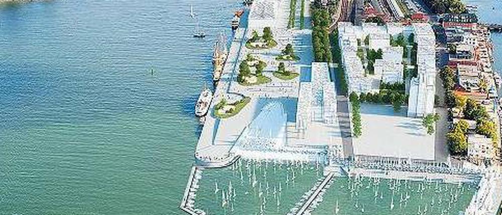 Planwirtschaft. So wie in dieser Simulation könnte der Olympia-Segelhafen in Rostock-Warnemünde aussehen – wenn er denn überhaupt kommt. 
