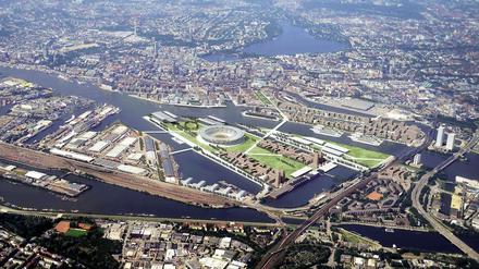 Olympische Insel. Die Stadt Hamburg will ihre Bauvorhaben auf dem Kleinen Grasbrook nur bei einer Zusage des IOC umsetzen. Animation: dpa.