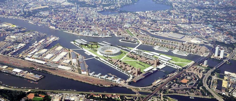 Olympische Insel. Die Stadt Hamburg will ihre Bauvorhaben auf dem Kleinen Grasbrook nur bei einer Zusage des IOC umsetzen. Animation: dpa.