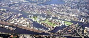 Olympische Insel. Die Stadt Hamburg will ihre Bauvorhaben auf dem Kleinen Grasbrook nur bei einer Zusage des IOC umsetzen. Animation: dpa.