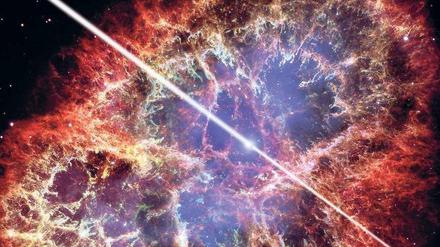 Kosmischer Leuchtturm. Pulsare sind schnell rotierende Neutronensterne, die Strahlung mit einem bestimmten Muster abgeben. Die künstlerische Darstellung zeigt einen Pulsar im Zentrum des Krebsnebels. 