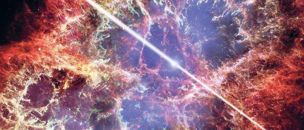 Kosmischer Leuchtturm. Pulsare sind schnell rotierende Neutronensterne, die Strahlung mit einem bestimmten Muster abgeben. Die künstlerische Darstellung zeigt einen Pulsar im Zentrum des Krebsnebels. 