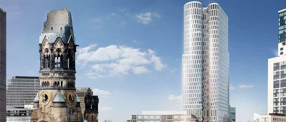 Im Modell. So soll der 118 Meter hohe Zwillingsturm „Upper West“ zwischen der Gedächtniskirche und dem Zoofenster-Hochhaus aussehen.