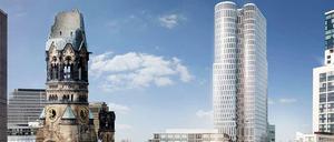 Im Modell. So soll der 118 Meter hohe Zwillingsturm „Upper West“ zwischen der Gedächtniskirche und dem Zoofenster-Hochhaus aussehen.