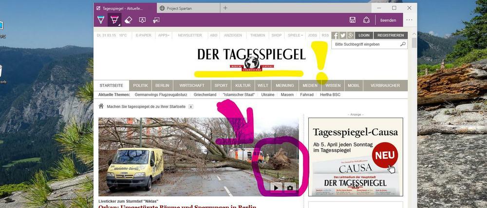 Der neue Internet-Browser von Microsoft heißt Spartan. Mit ihm lassen sich Webseiten markieren und kommentieren.