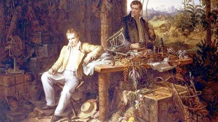Alexander von Humboldt und sein Begleiter Aimé Bonpland in einer Urwaldhütte während der Südamerika-Expedition. Gemälde von Eduard Ender.