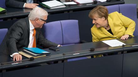Bundeskanzlerin Angela Merkel und Außenminister Frank-Walter Steinmeier plaudern.