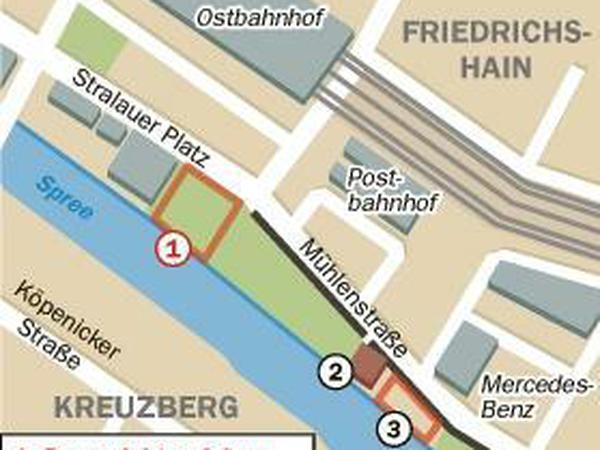 Unsere Grafik zeigt, welche Projekte entlang der East Side Gallery an der Spree geplant sind.