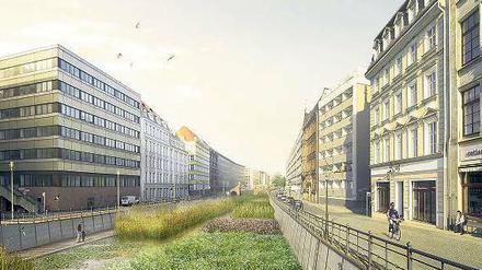 Im Oberlauf klären Pflanzen das Wasser, hinter der historischen Jungfernbrücke soll ein mechanischer Filter folgen.