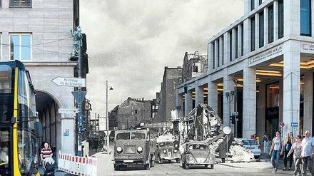 Das Schweizer Haus an der Ecke Unter den Linden/Friedrichstraße überstand den Krieg weitgehend intakt, vom Café Victoria zu seiner Rechten blieb nur ein Schutthaufen übrig. Heute steht dort der Neubau „Upper Eastside Berlin“. 