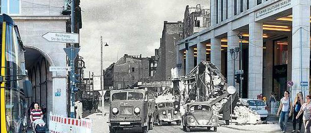Das Schweizer Haus an der Ecke Unter den Linden/Friedrichstraße überstand den Krieg weitgehend intakt, vom Café Victoria zu seiner Rechten blieb nur ein Schutthaufen übrig. Heute steht dort der Neubau „Upper Eastside Berlin“.
