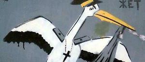 Ein Schablonengraffitto von Gandhi, 2015. Text: Vergewaltigt? Gebäre! Gott wird schon helfen!