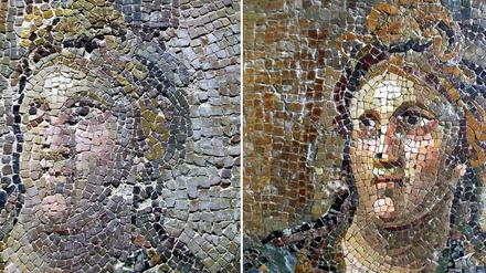 Eines der Mosaike im Archäologischen Museum Hatay vor (rechts) und nach (links) der missglückten Restaurierung.