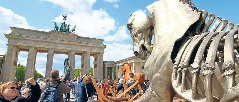 Marmor, Stein und Eisen. Mit seinen Skulpturen geschundener Pferde will der Künstler Gustavo Aceves vor dem Brandenburger Tor an die Qualen der Flüchtlinge im Mittelmeer erinnern.