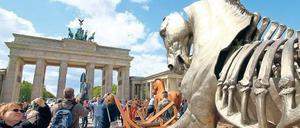 Marmor, Stein und Eisen. Mit seinen Skulpturen geschundener Pferde will der Künstler Gustavo Aceves vor dem Brandenburger Tor an die Qualen der Flüchtlinge im Mittelmeer erinnern. 