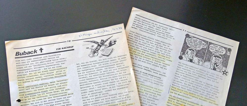 Der Göttinger "Buback-Nachruf" von 1977. Der umstrittene Artikel (Titel: "Buback - ein Nachruf") in der Studentenzeitung "Göttinger Nachrichten" wurde von einem anonymen linken Studenten verfasst, dersich als sogenannter "Stadtindianer" verstand und sich nach einem Apachenstamm "Ein Göttinger Mescalero" nannte.