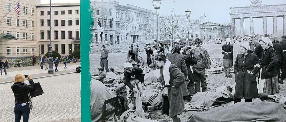 Ein historisches Foto vom Ende des 2. Weltkrieges ist am 22.04.2015 auf dem Pariser Platz in Berlin aufgestellt. Das Foto gehört zu der Ausstellung «Mai '45 - Frühling in Berlin», die bis zum 26. Mai mit einer Open-Air-Ausstellung an die Kapitulation Berlins am 2. Mai und das Ende des 2. Weltkrieges 1945 erinnert.