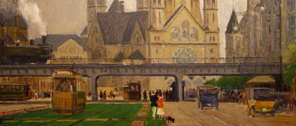Die Hardenbergstraße mit der Gedächtniskirche 1914. Ein Ausschnitt eines Gemäldes von Friedrich Kallmorgen.