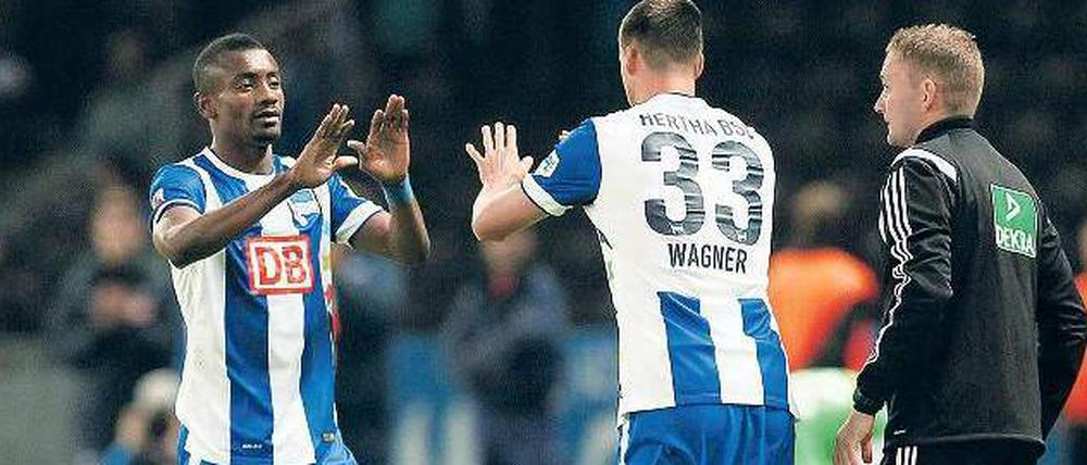 Raus oder rein? Trainer Pal Dardai hat sich noch nicht entschieden, wer heute gegen Frankfurt stürmen darf: Salomon Kalou (links) oder Sandro Wagner.