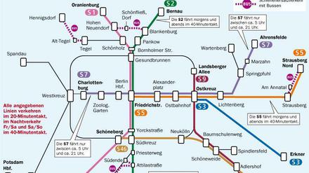 Lückenhaft. Der Ersatzplan der Berliner S-Bahn zeigt, wo es noch rollt. Die Ringbahn steht still, die fahrenden Linien verkehren im 20-Minuten-Takt, manche Strecken werden mit Ersatzverkehr durch Busse bedient.