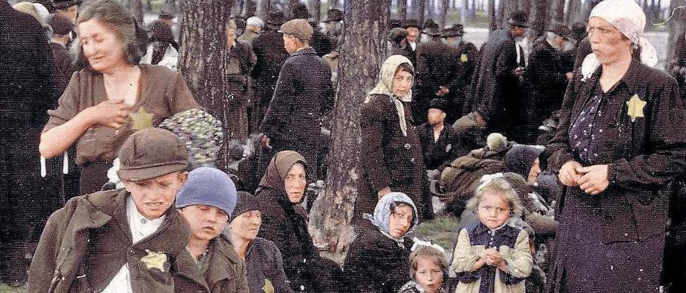 Im Vorhof der Hölle: Die Brüder von Irene Weiss, Reuven (links) und Gershon Fogel (2. von links), und hinter ihnen sitzend ihre Mutter Leah am Tag ihrer Ankunft in Auschwitz-Birkenau. Wenig später wurden all diese Menschen in den Gaskammern ermordet.