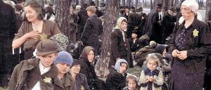 Im Vorhof der Hölle: Die Brüder von Irene Weiss, Reuven (links) und Gershon Fogel (2. von links), und hinter ihnen sitzend ihre Mutter Leah am Tag ihrer Ankunft in Auschwitz-Birkenau. Wenig später wurden all diese Menschen in den Gaskammern ermordet.