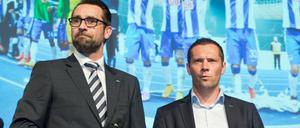 Hertha-Manager Michael Preetz (li.) auf der Mitgliederversammlung mit Trainer Pal Dardai.