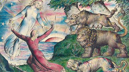 Dante flieht vor den wilden Tieren. Aquarell von William Blake. 