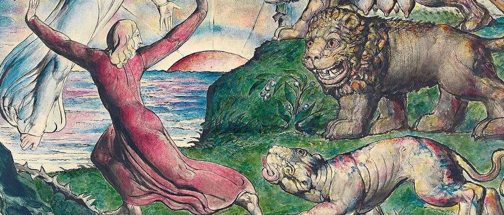 Dante flieht vor den wilden Tieren. Aquarell von William Blake.
