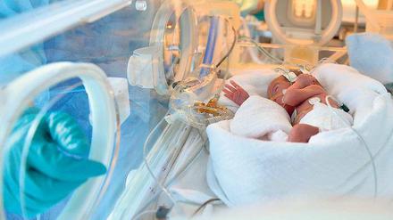Besonders gefährdet. Das Foto von 2013 zeigt ein zu früh geborenes Baby in der Neonatologie der Charité im Inkubator. Derzeit sind dort vier Neugeborene von einem Serratien-Ausbruch betroffen.  Foto: Britta Pedersen/dpa