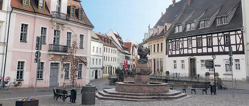 Schmuck. Der Marktplatz in Wurzen kann sich sehen lassen. In der Mitte, natürlich: ein Ringelnatzbrunnen.
