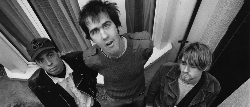 Nirvana von links nach rechts: Schlagzeuger Dave Grohl, Bassist Krist Novoselic und Sänger Kurt Cobain.