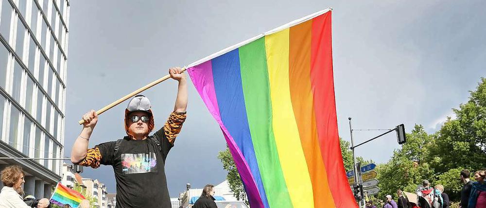 Demo für die Homo-Ehe in Berlin. Bei einer Kundgebung des Lesben- und Schwulenverbandes Berlin-Brandenburg (LSVD) am vergangenen Samstag forderten die etwa 500 Teilnehmer die Gleichstellung homosexueller Partnerschaften mit der Ehe.