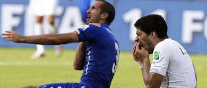 Chiellini (links) wurde bei der WM in Brasilien von Suárez gebissen.