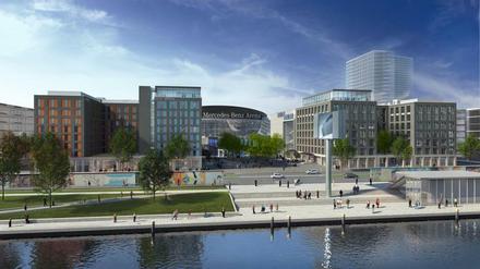 Wo ist noch die Halle? Ach, dahinten ist sie ja. So sollen die Neubauten zwischen Arena und Spree aussehen.