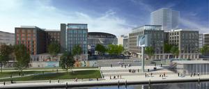 Wo ist noch die Halle? Ach, dahinten ist sie ja. So sollen die Neubauten zwischen Arena und Spree aussehen.