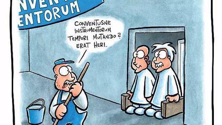 Da lacht der Lateiner. Übersetzt lautet der Text dieses Cartoons von Joscha Sauer: „Der Zeitmaschinen-Kongress? Der war gestern.“