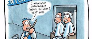 Da lacht der Lateiner. Übersetzt lautet der Text dieses Cartoons von Joscha Sauer: „Der Zeitmaschinen-Kongress? Der war gestern.“