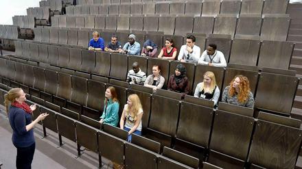 Studierende sitzen in einem Hörsaal, vor ihnen steht eine junge Frau und gestikuliert.