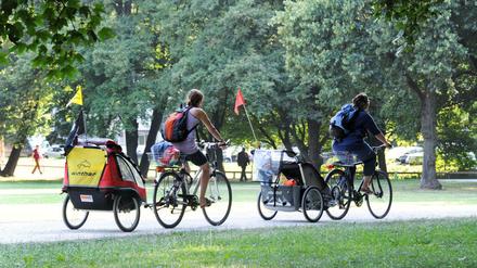 Sicher ist sicher: Statt im Tragegurt fahren Babys besser im Fahrrad-Anhänger mit. 