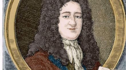 Ein Bildnis von Leibniz, dargestellt in einem Aufsatz auf ein steinernes Podest.