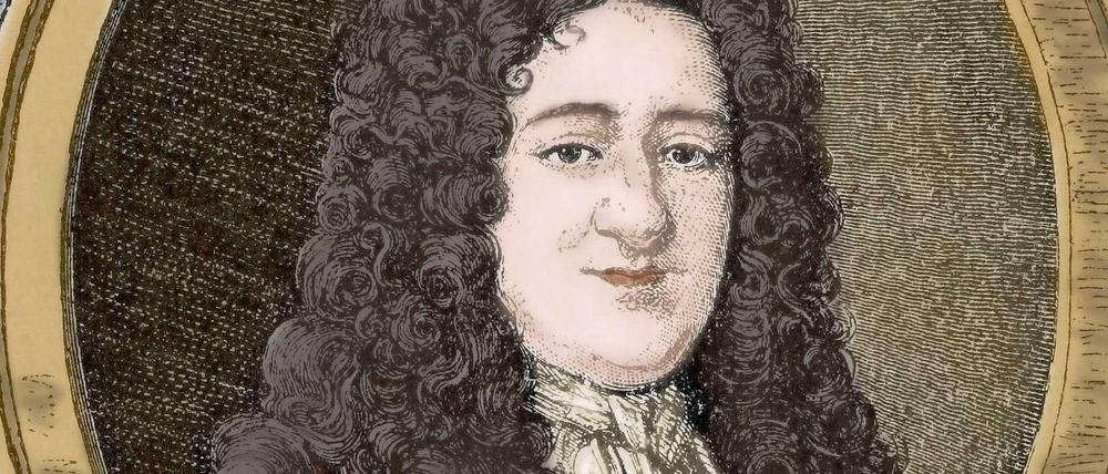 Ein Bildnis von Leibniz, dargestellt in einem Aufsatz auf ein steinernes Podest.