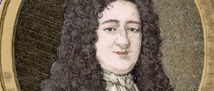 Ein Bildnis von Leibniz, dargestellt in einem Aufsatz auf ein steinernes Podest.