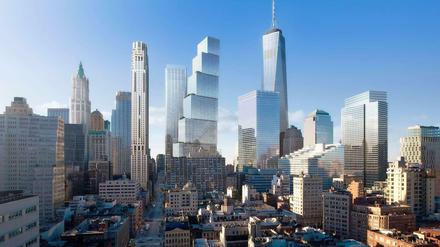 Skyline 2.0. Vom Tribeca-Viertel aus betrachtet sieht der geplante Neubau WTC2 wie ein Stapel aus Kuben aus.