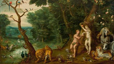 Die Versuchung. Spitzenlos der Auktion ist das Gemälde „Paradieslandschaft mit dem Sündenfall“ (um 1634) von Jan Brueghel d. J. und Frans Wouters.